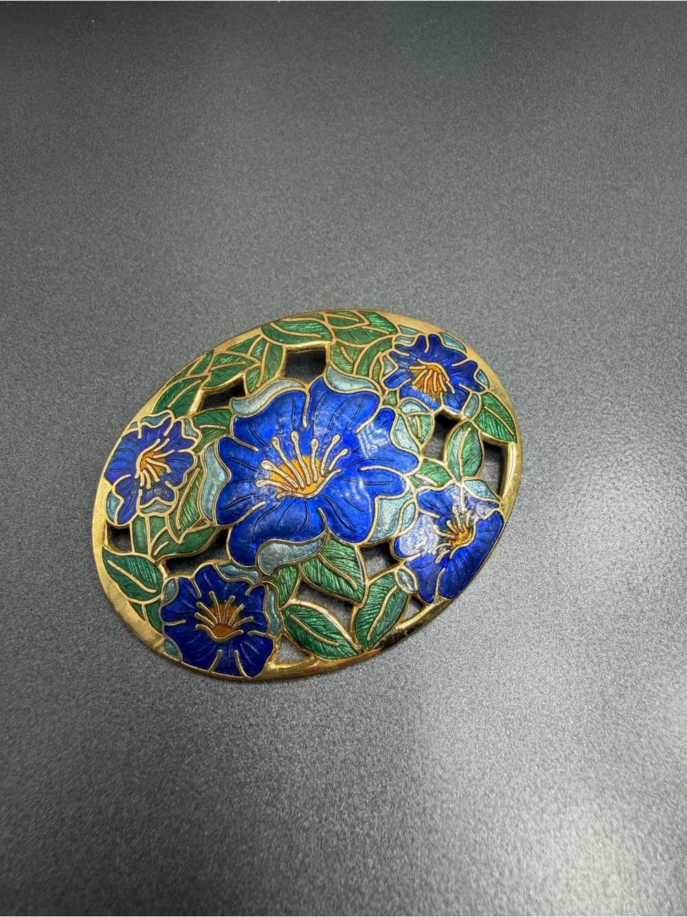Vintage Blue Floral Cloisonné Brooch with Green Leaves
